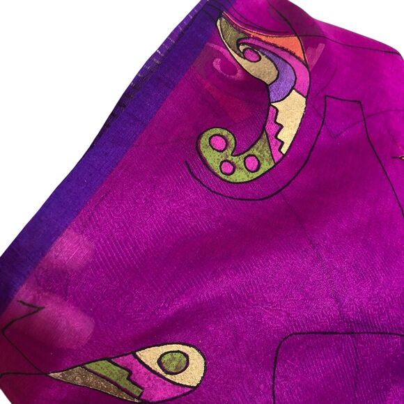 Silk Saree Sari Scarf Purple Fuchsia Orange Green Geometric Bollywood - Picture 5 of 5